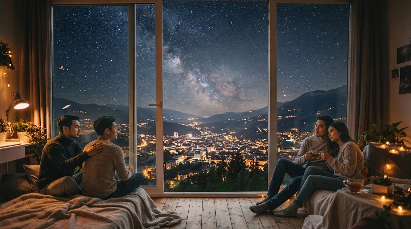 星空窗景前,兩組人各自坐著安靜聊天
